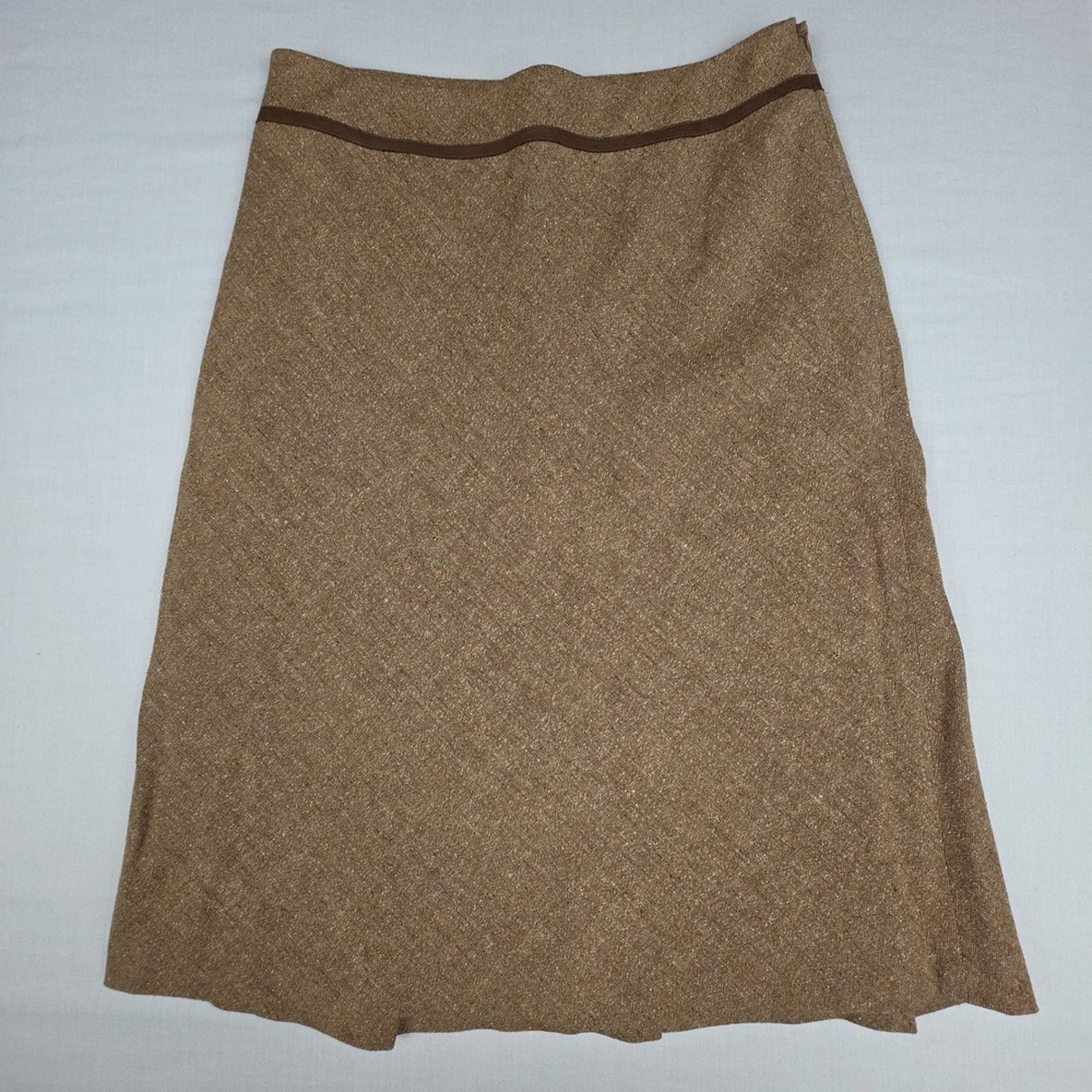 Ann Taylor Wool Silk Blend Tweed A-Line Skirt Women 6 Brown Pleated Lined Trim